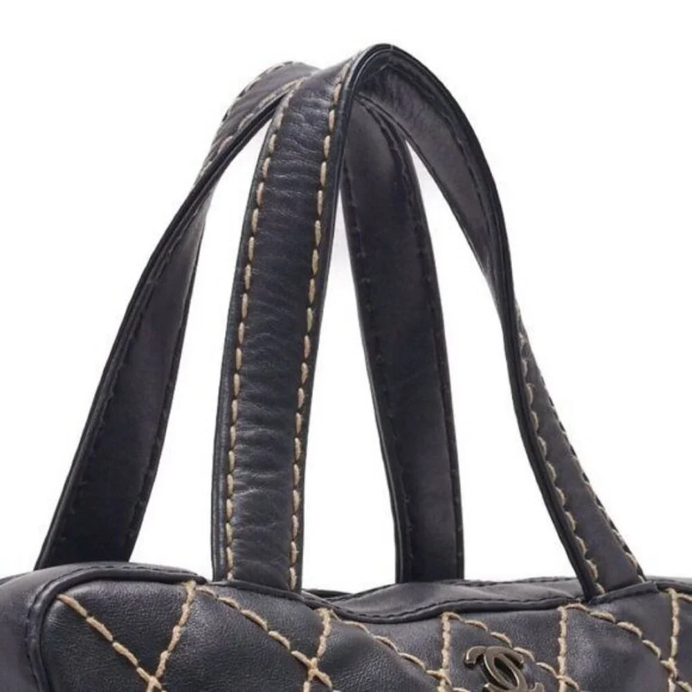 Authentic CHANEL CC Wild Stitch Vintage Quilted Bowler Hand Bag Tote Lambskin - Picture 6 of 15
